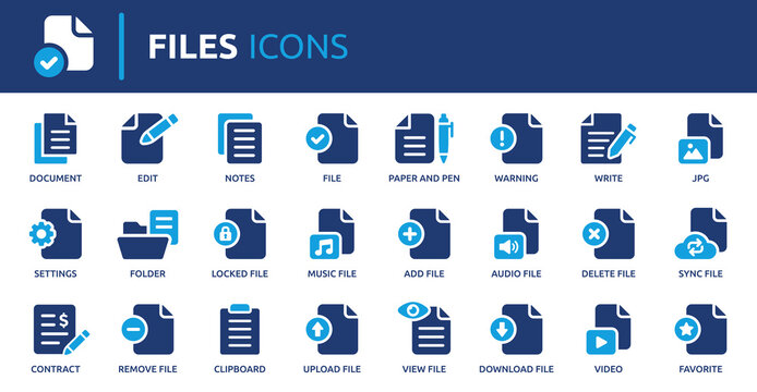 Files icon set. Containing document, notes, edit, write, folder, contract, add file, JPG and more. Solid vector icons collection.