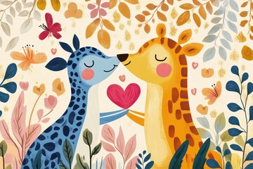 Two Giraffes Share a Heart in a Floral Garden