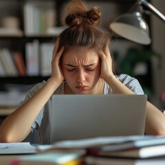 Gestresste Studentin am Schreibtisch – Frustration im Lernprozess