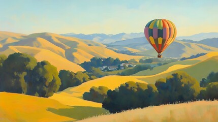 Naklejka premium Hot Air Balloon Over Golden Hills Landscape