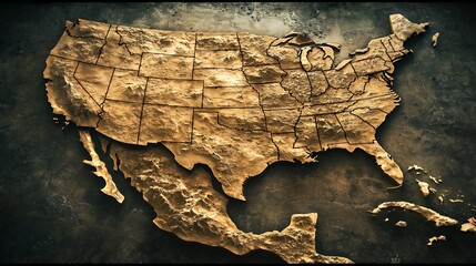 Sculptural Map of USA and Mexico: A Golden Relief