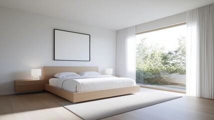 Fototapeta premium Modern Minimalistic Bedroom with Large Window and Natural Light, Featuring Simple Bed Design, Cozy Furniture, and Serene Interior Ambiance for Contemporary Living Spaces