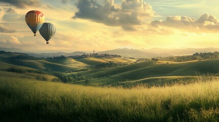 Obraz premium Hot Air Balloons Over Tuscan Rolling Hills Sunset Landscape