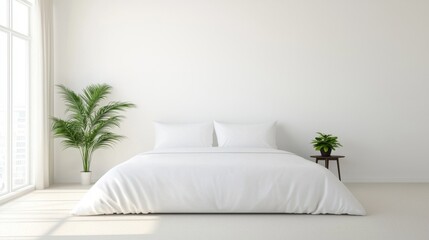 Naklejka premium Bright and Airy Minimalist Bedroom with White Bedding, Green Plants, and Soft Natural Light Streaming Through Large Windows Inviting Serenity and Calmness