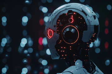 Futuristic robot with red eye and intricate metal details showcasing advanced intelligence and technology in industrial environment 