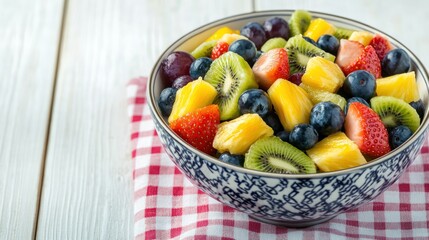 A colorful bowl of fresh fruit salad on a checkered tablecloth against a white wooden background