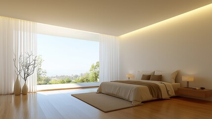 Fototapeta premium Modern Minimalist Bedroom Design with Large Windows and Scenic View of Nature, Soft Color Palette and Natural Light Enhancing Tranquility and Comfort