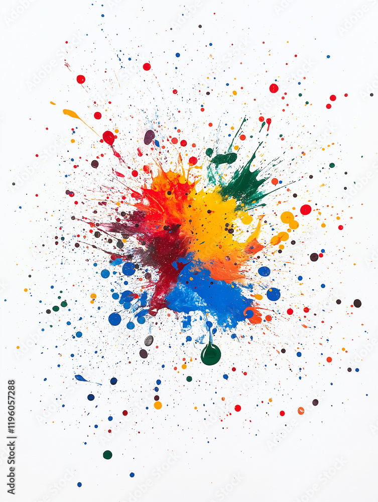 Poster chromatic explosion: a vibrant burst of multicolored paint splatters, creating a dynamic and artisti