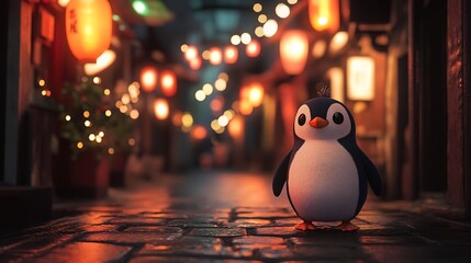 A plush penguin in a lantern lit alley warm and cozy night setting