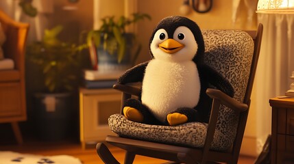 A plush penguin riding on a rocking chair cozy home interior