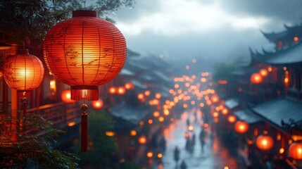 Fototapeta premium Rainy Night, Asian Town, Lanterns, Street, Festive, Travel, China, Fog, Gloomy, Bokeh