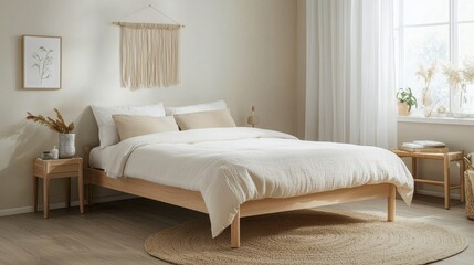 Modern and Cozy Bedroom with Minimalist Decor and Natural Elements in Soft Neutral Tones, Featuring a Light Wood Bed and Soft Textiles