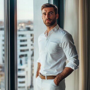 Eleganter Mann in wei&szlig;em Hemd mit Stadtblick