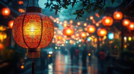Obraz premium Illuminated Lantern, Rainy Asian Street, Festive Night, Celebration