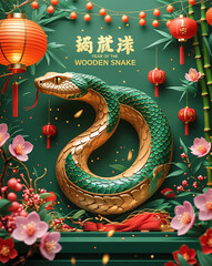 Chinese New Year of Wooden snake background, created by generative ai
