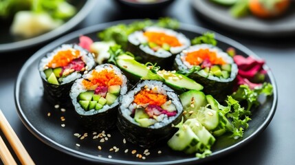 A colorful plate of vegan sushi rolls, featuring avocado, cucumber