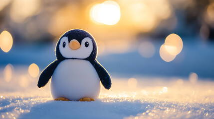 A soft plush stuffed penguin standing on snowy ground fluffy fur winter background bokeh effect