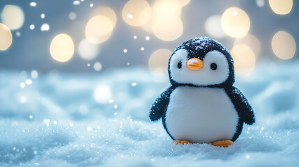 A soft plush stuffed penguin standing on snowy ground fluffy fur winter background bokeh effect