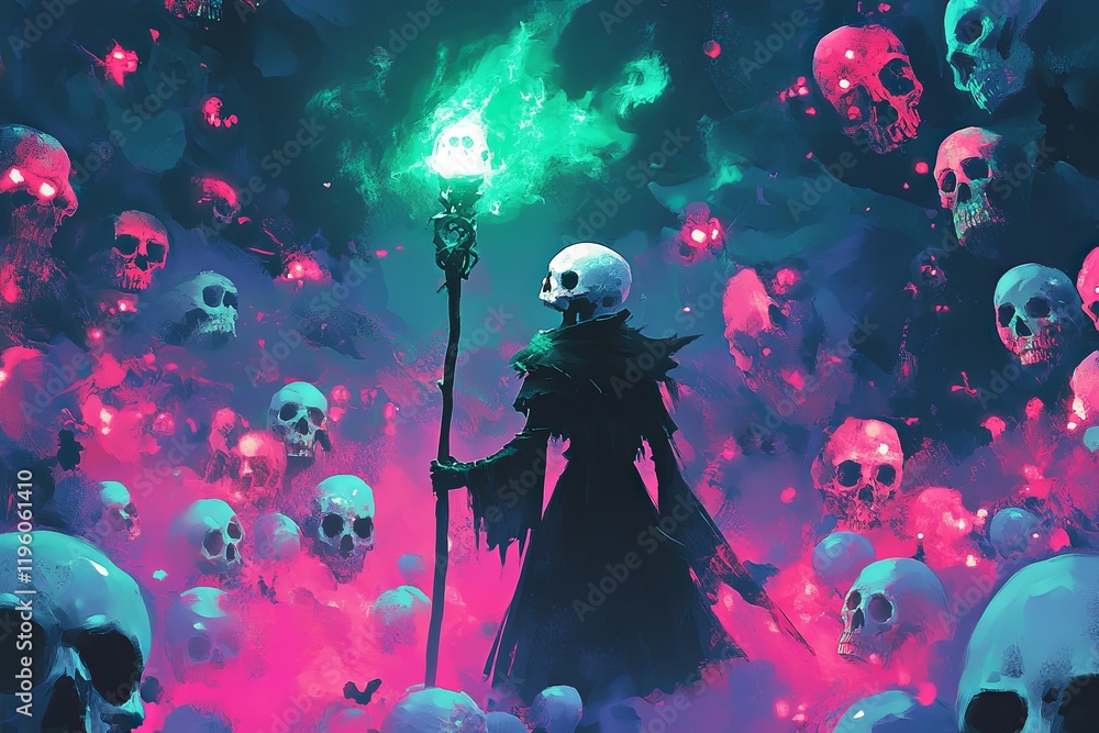 Poster mysterious figure with glowing staff surrounded by floating skulls in a dark, ethereal environment a
