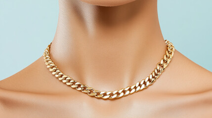 gold chain necklace elegantly draped over model neck, showcasing its shine and style. This piece adds touch of luxury to any outfit