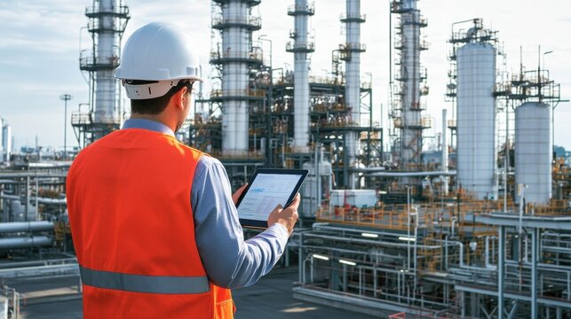 Ingenieur mit Tablet &uuml;berwacht industrielle Prozesse im Freien