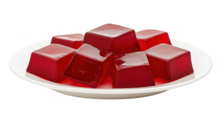Red berry jello snack squares on a white plate platter isolated on a transparent background. 
