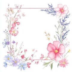 Fototapeta premium Spring color tone flowers square line frame art illustration watercolor.