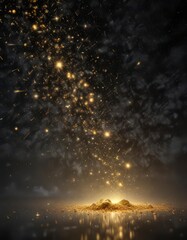 Fototapeta premium A cluster of glittering gold particles float in mid-air amidst a starry night sky with a subtle gradient effect, abstract background, atmospheric phenomenon, celestial landscape