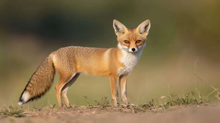 Obraz premium Graceful Red Fox Standing Alert in a Natural Habitat, Showcasing Beautiful Fur and Poised Stance in a Softly Blurred Background