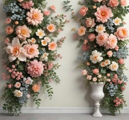 Artificial floral wall in a vintage style, with intricate details and pastel colors,  eclectic decor,  bohemian decor,  pastel colors
