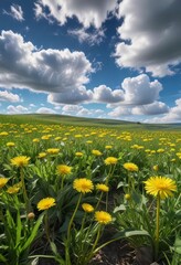 Obraz premium Bright yellow dandelions sway gently in a lush green field under a vast blue sky with few white clouds, garden, blue sky, country landscape