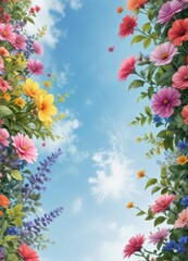 Bright watercolor waves against a blue sky background with colorful flowers and leaves,  texture,  art, watercolor