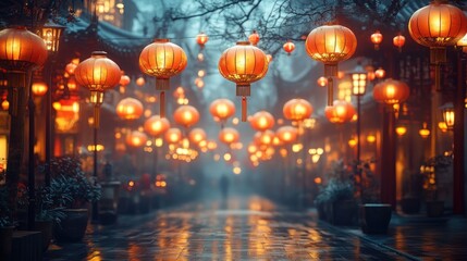 Festive lanterns illuminate snowy Asian street at night