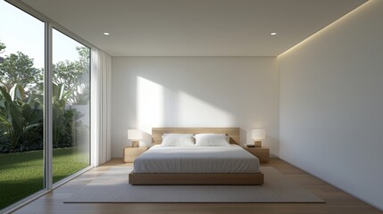 Modern Minimalistic Bedroom with Natural Light and Cozy Atmosphere Featuring White Bed and Sleek Furniture Surrounded by Lush Greenery and Large Glass Windows