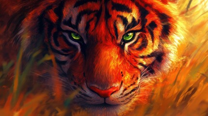 A digital painting of an orange and red tiger's face