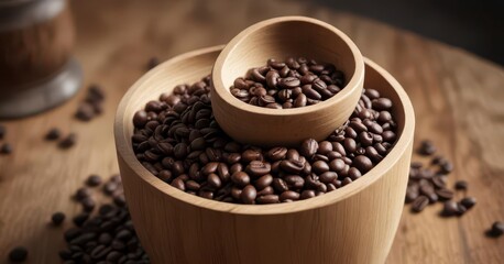 Fototapeta premium Close-up of wooden cup filled with coffee beans and topped with a lid , coffee, beans, rustic