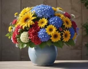 Colorful hydrangea blooms in a garden vase with mixed flowers, sunflowers, and daisies , hydrangea,  bouquets,  garden