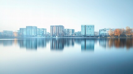 Fototapeta premium Serene Reflection of Modern Architecture on Calm Water Surface