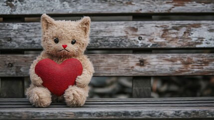 Obraz premium A stuffed cat holding a small heart shaped pillow placed on wooden bench romantic theme