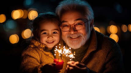 Grandfather, granddaughter, sparklers, night, lights, celebration, outdoor, family, joy, winter