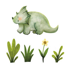 Hand-Painted Triceratops with Flowers and Grass, Watercolor Triceratops Dinosaur with Plants Illustration, Whimsical Dinosaur and Nature Watercolor Illustration © farahsekarr’sstudio