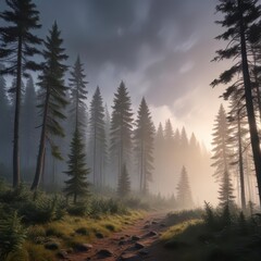 Dense fir forest with misty atmosphere at dusk ,  dusk,  retro forest,  vintage woods