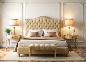 Fototapeta premium Cozy Beige Velvet French Bed Bedroom Interior Design - Simple Elegant Style