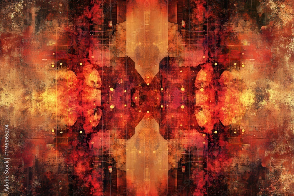 Poster Abstract grunge background in red and orange hues, featuring a symmetrical pattern. Ideal for adding texture and depth to designs, perfect for websites, posters, or other media.