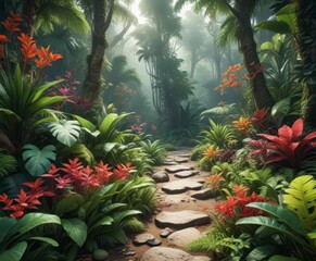 Fototapeta premium Exotic forest floor featuring colorful tropical plants and greenery, leafy plants, exotic plants, dense foliage