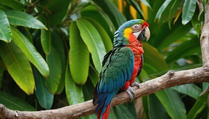Obraz premium Colorful Macaw Perched on a Branch in Lush Foliage