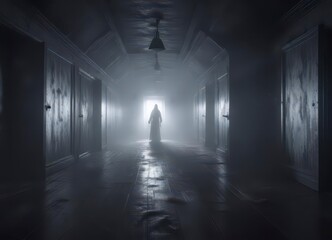 Ghostly figures lurking in the foggy attic of a haunted house, ethereal whispers echo through the empty halls,  eerie,  spooky,  whispers