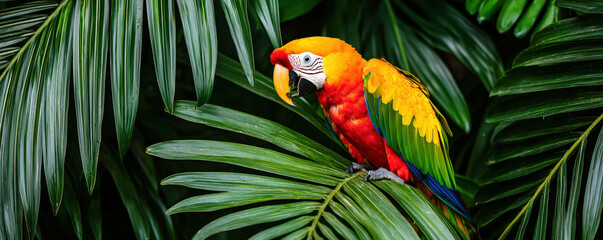 Fototapeta premium A vibrant parrot perched among lush green palm leaves, showcasing its striking red, yellow, and blue plumage in a tropical setting.