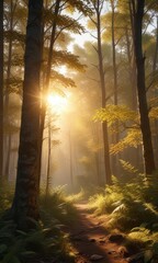 Obraz premium Golden hour in the forest with soft, glowing light on the foliage, ambient, outdoor, natural