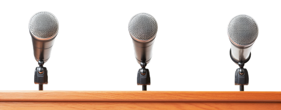Three Microphones on Podium - Press Conference, Debate, or Panel Discussion